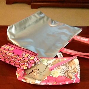 Shiny Silver Tote, orange and white stripe fabric interior, heavy duty handles